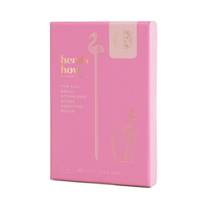 Pink packaging of 'here's how' cocktail picks with gold text and illustrations on a white background