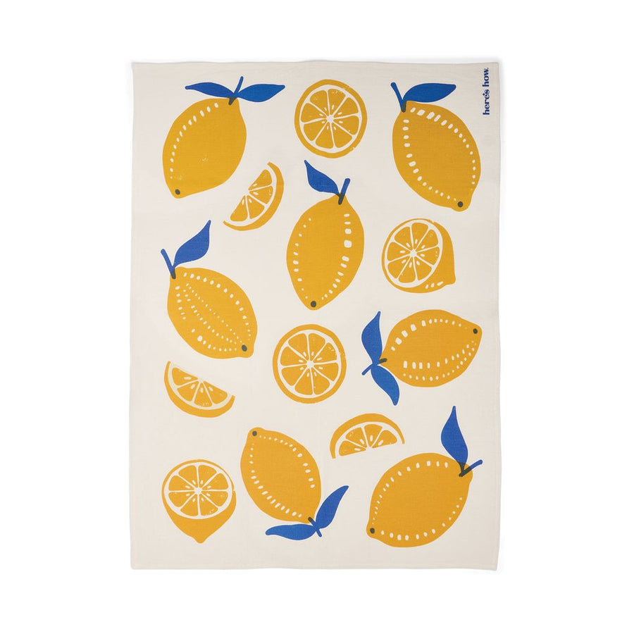 Towel with yellow lemon pattern on a white background