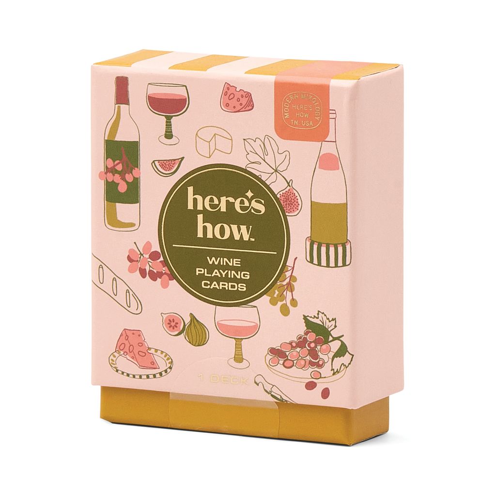 Here's How wine playing cards in a box on a white background
