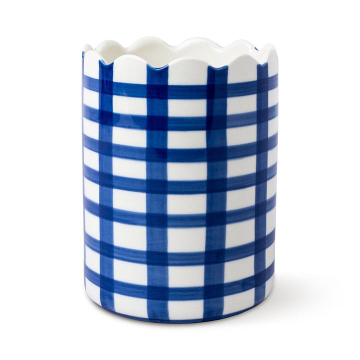 Blue and white checkered ceramic wine cooler on a white background