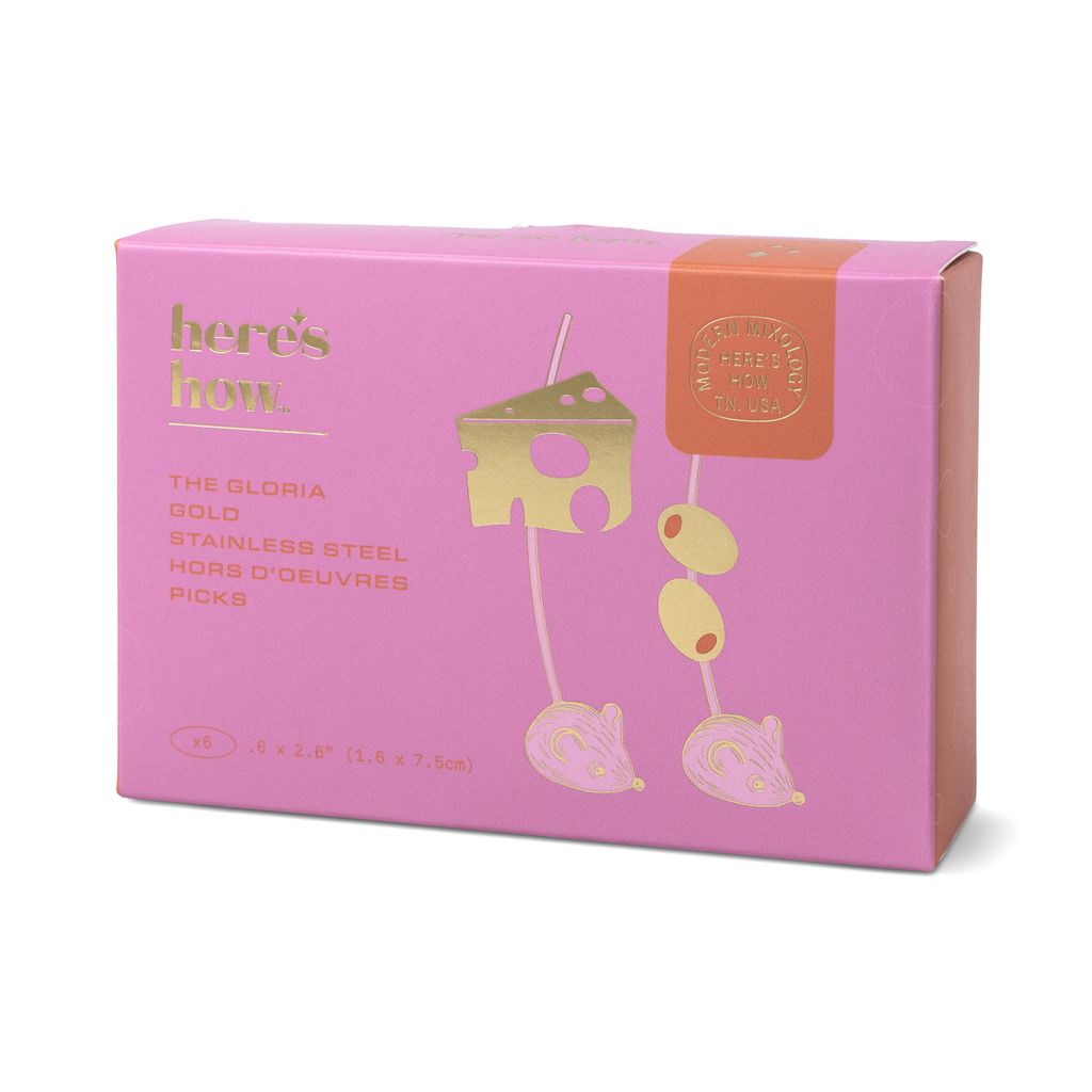 Pink packaging box with gold accents featuring 'here's how' branding and product illustration.