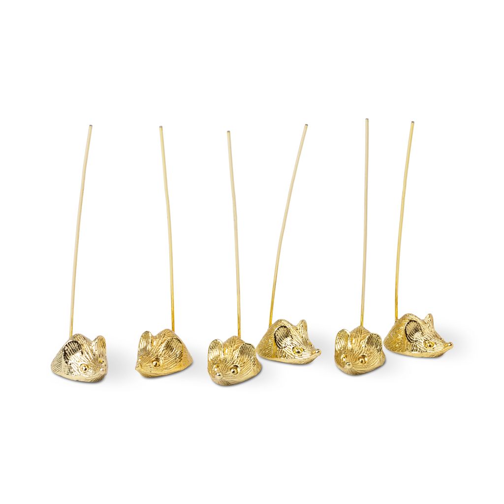Set of six gold food picks with mice  on a white background