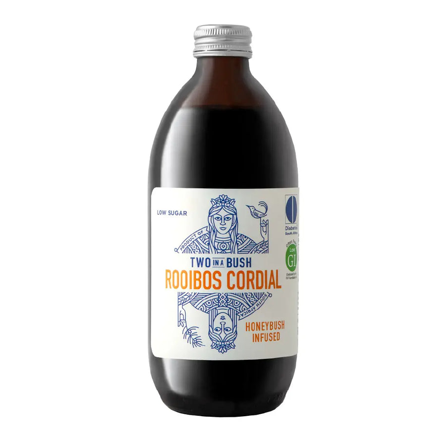 Bottle of Two in a Bush Rooibos Cordial with a white label on a white background