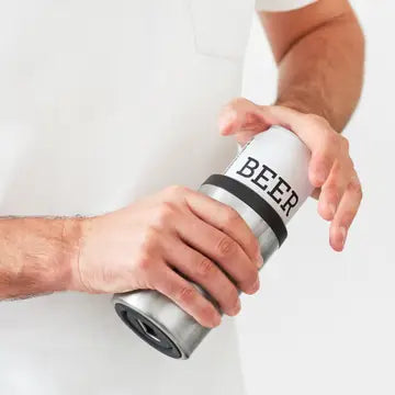 Two hands holding a silver can with 'BEER' printed on it against a white background