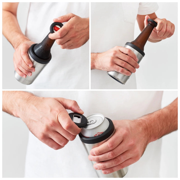 Collage of a hand using a bottle opener on a white background