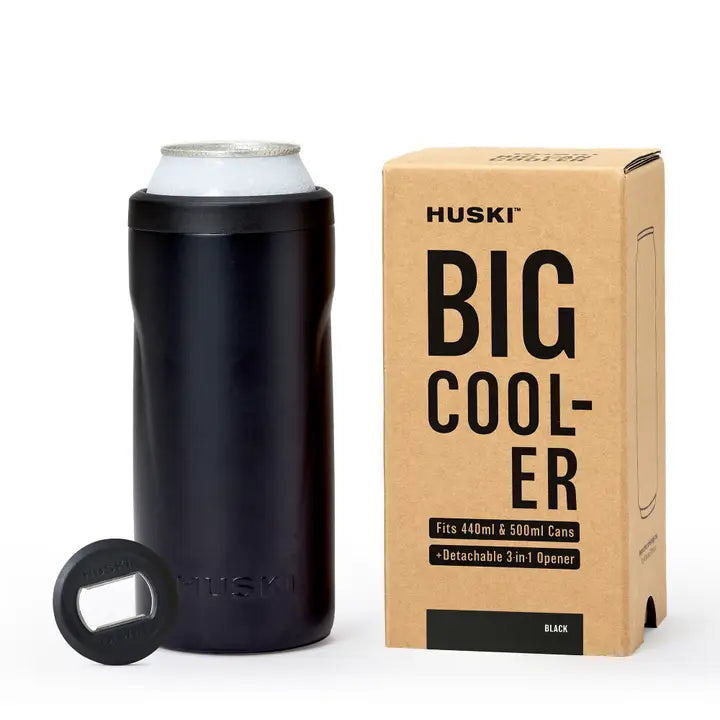 Black can cooler with Huski branding next to its packaging box on a white background