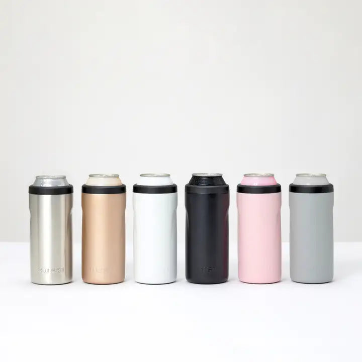 Set of six insulated drink containers in various colors on a white background