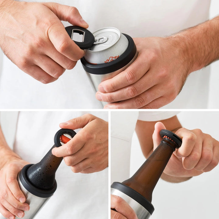 Multi-step process of using a bottle opener on different types of bottles.