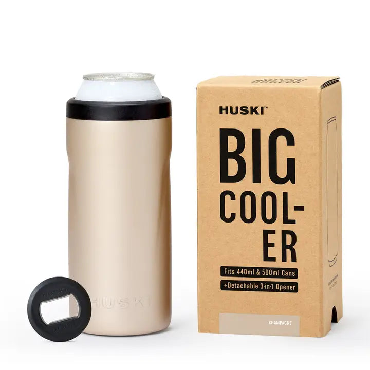 Huski big can cooler in champagne colour with bottle opener on white background