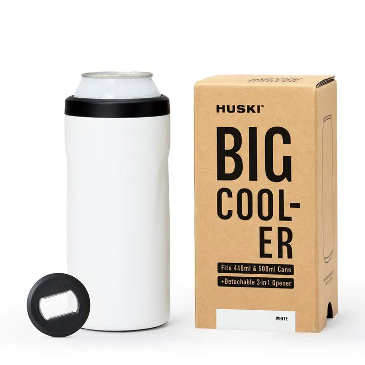 Huski white big can cooler with bottle opener on white background 