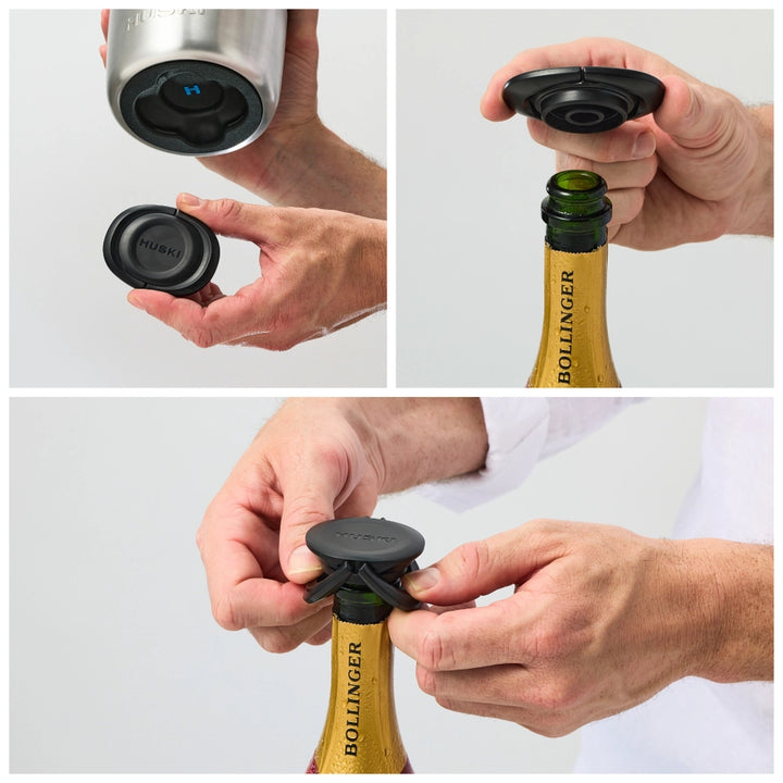 Three-step process of using a bottle opener on a Bollinger champagne bottle.