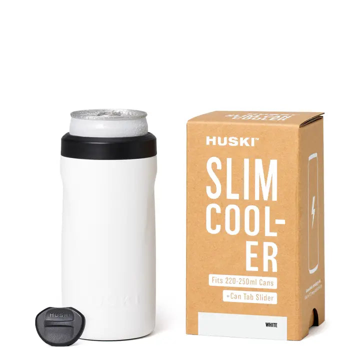 White slim cooler with black lid and Huski brand packaging on a white background