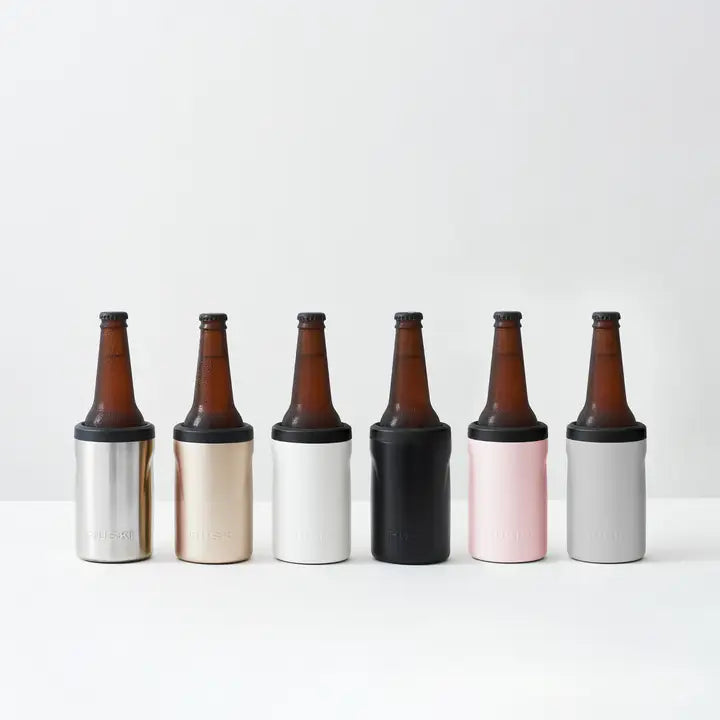 Set of six brown bottles with black and colored bottle coolers on a white background