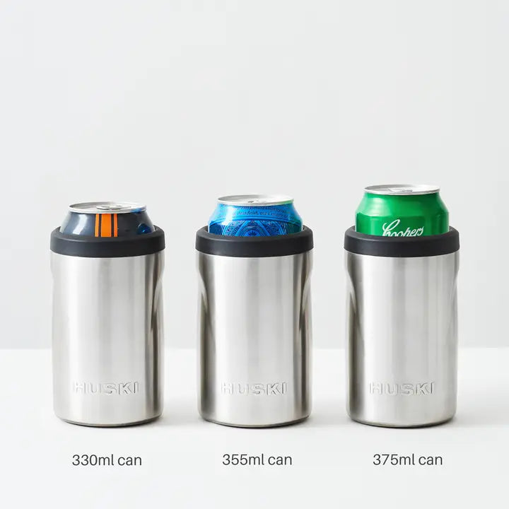 Three stainless steel can coolers with different sizes on a white background
