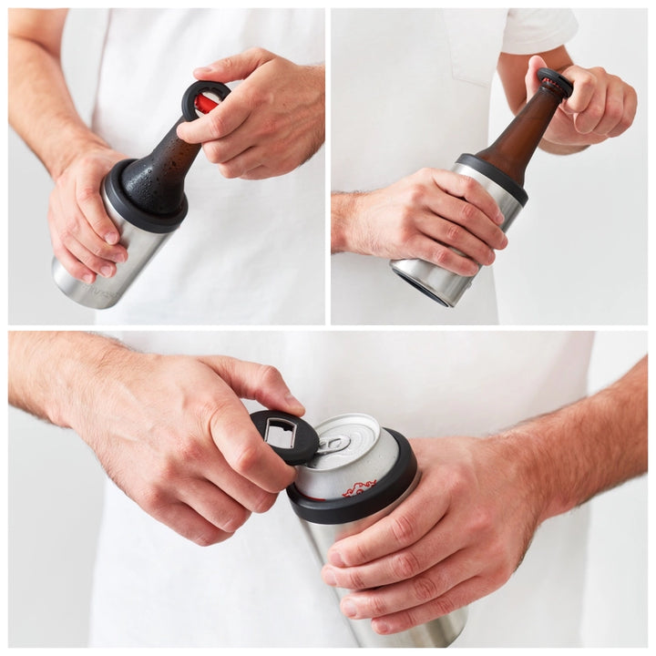 Multi-step process of using a bottle opener on different types of bottles.