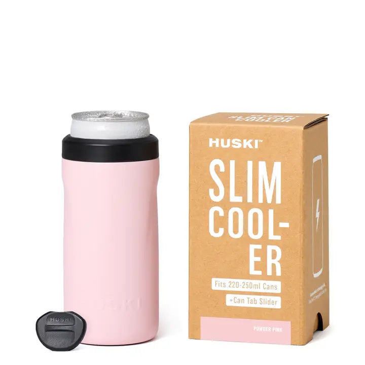 Pink slim cooler with black lid and Huski Slim Cooler packaging on a white background