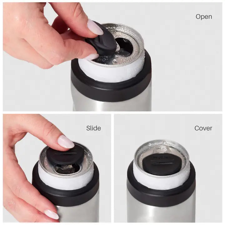 Step-by-step process of opening and closing a silver thermos with black lid.