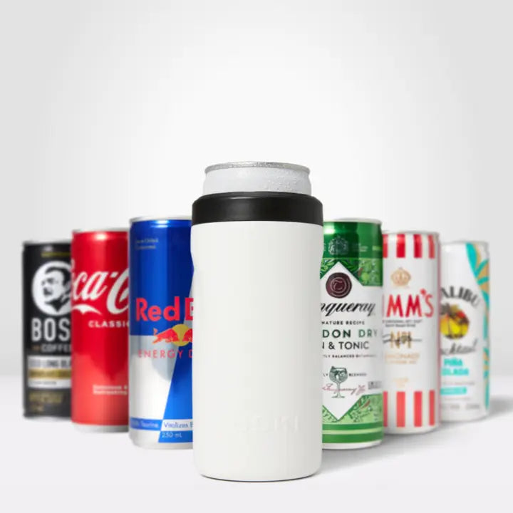 Collection of various branded cans on a white background
