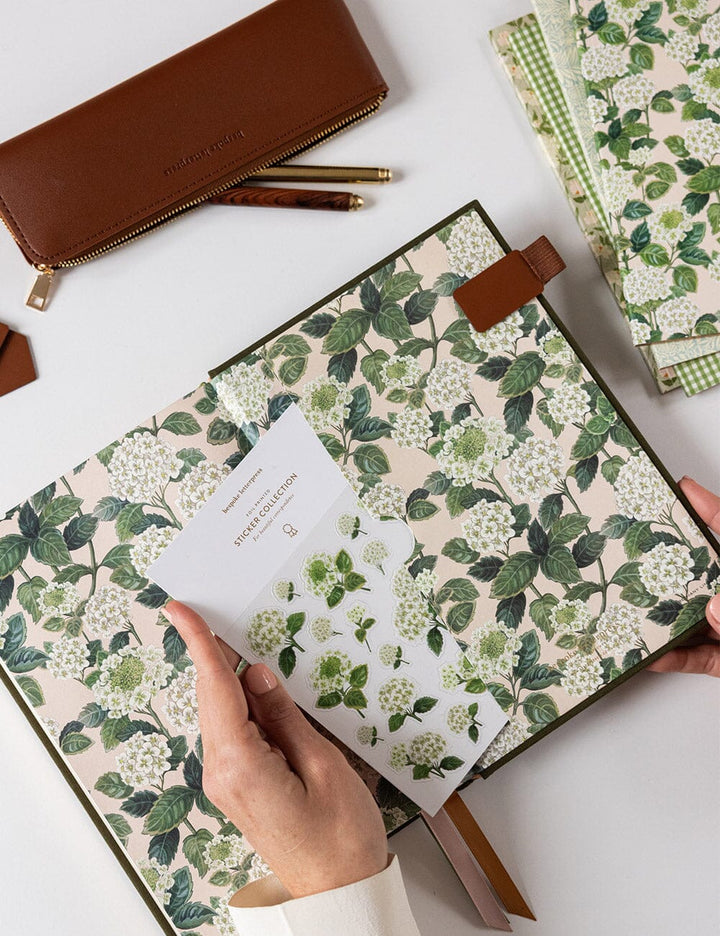 Floral-patterned notebook with a hand holding a card, surrounded by stationery items on a white surface.