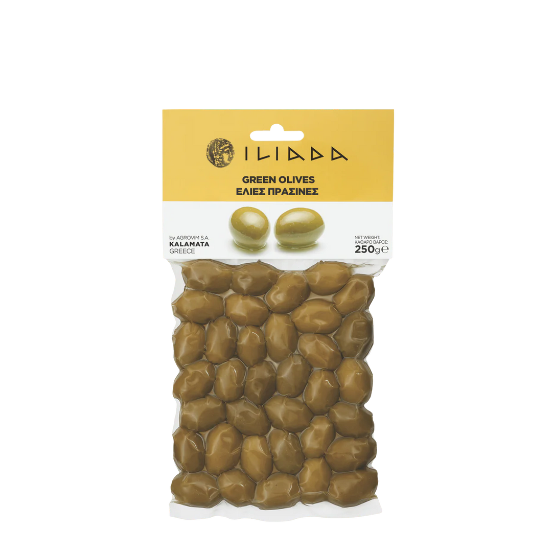 a bag of Iliada green olives with a gold label on a white background