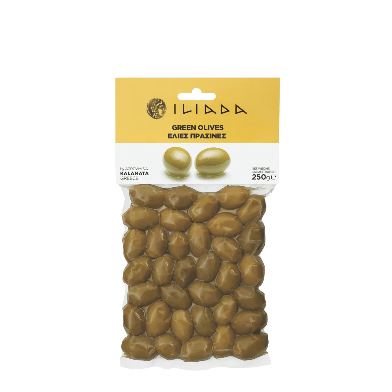 a bag of Iliada green olives with a gold label on a white background