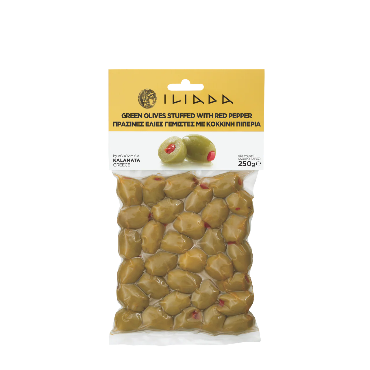 Packaged green olives stuffed with red pepper on a white background