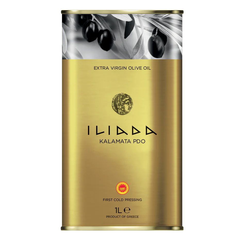 Gold canister of Iliada Kalamata PDO olive oil with olive design on lid