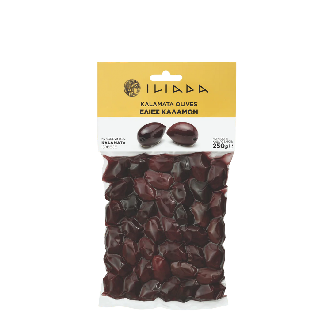Packaged Kalamata olives with a gold label on a white background