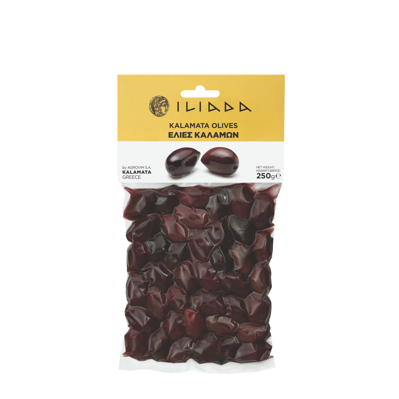Packaged Kalamata olives with a gold label on a white background