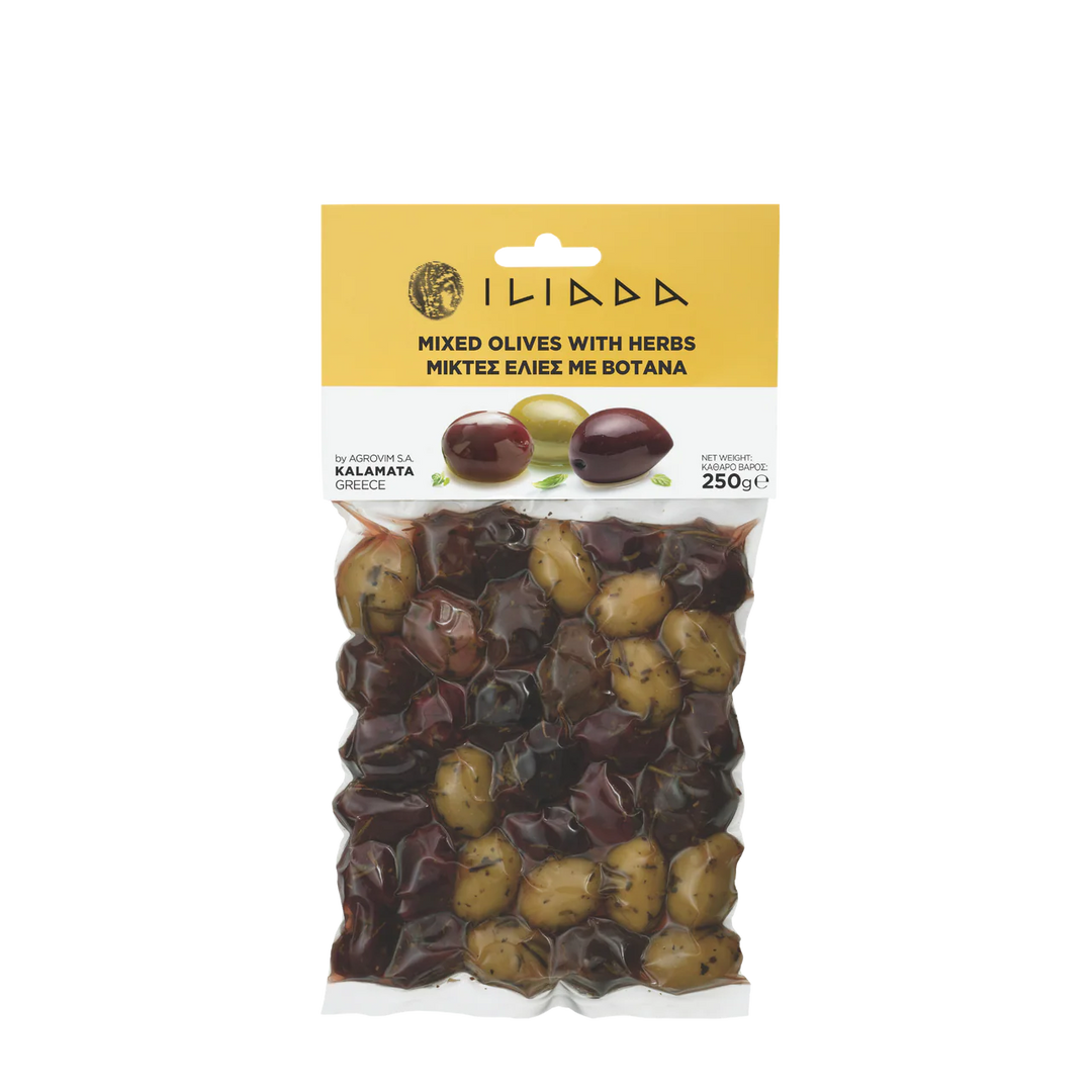 Packaged mixed olives with herbs on a white background