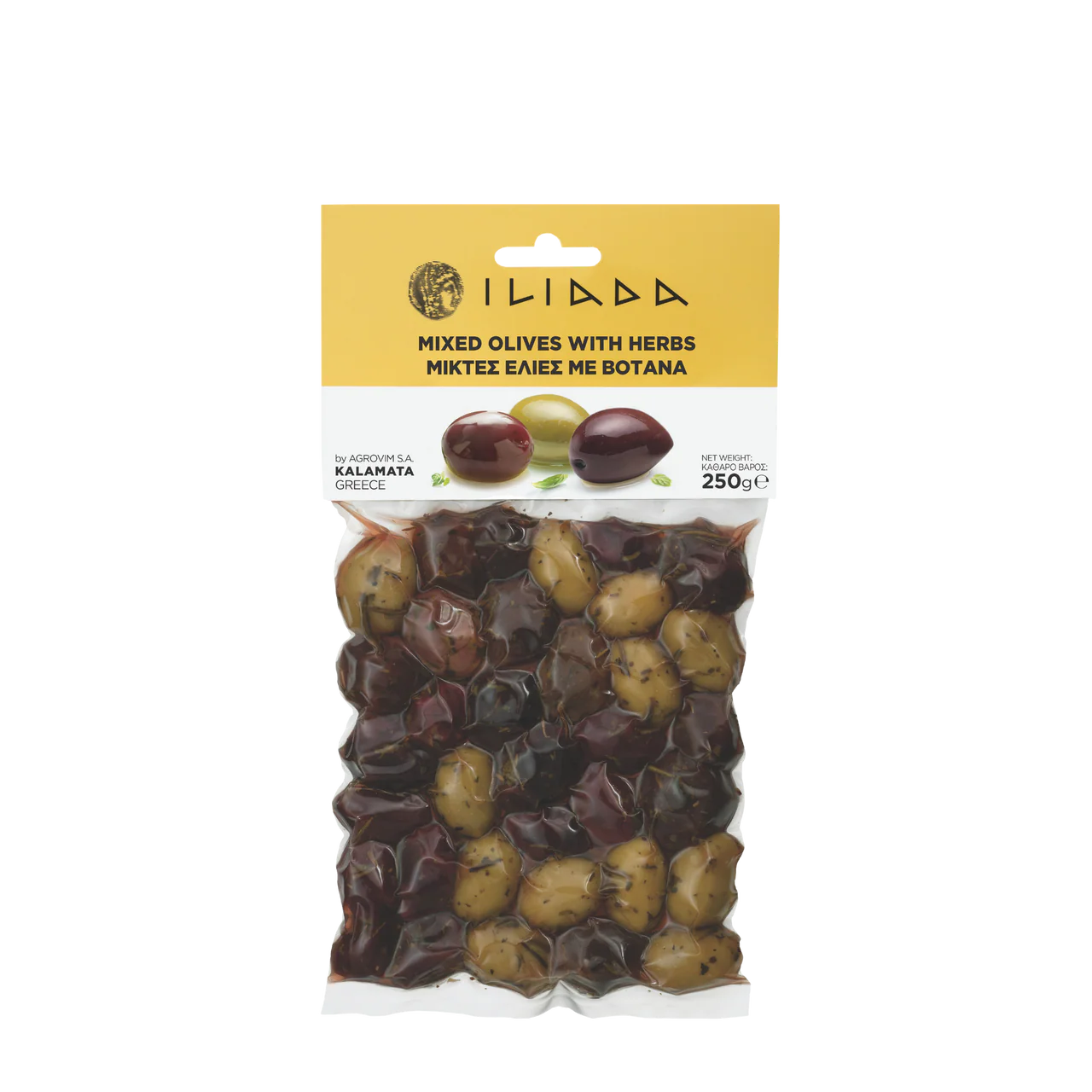 Packaged mixed olives with herbs on a white background