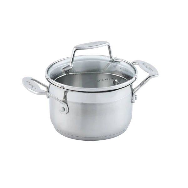 Stainless steel pot with lid on a white background