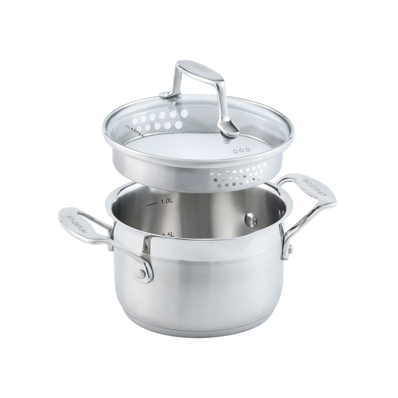 Stainless steel pot with lid on a white background