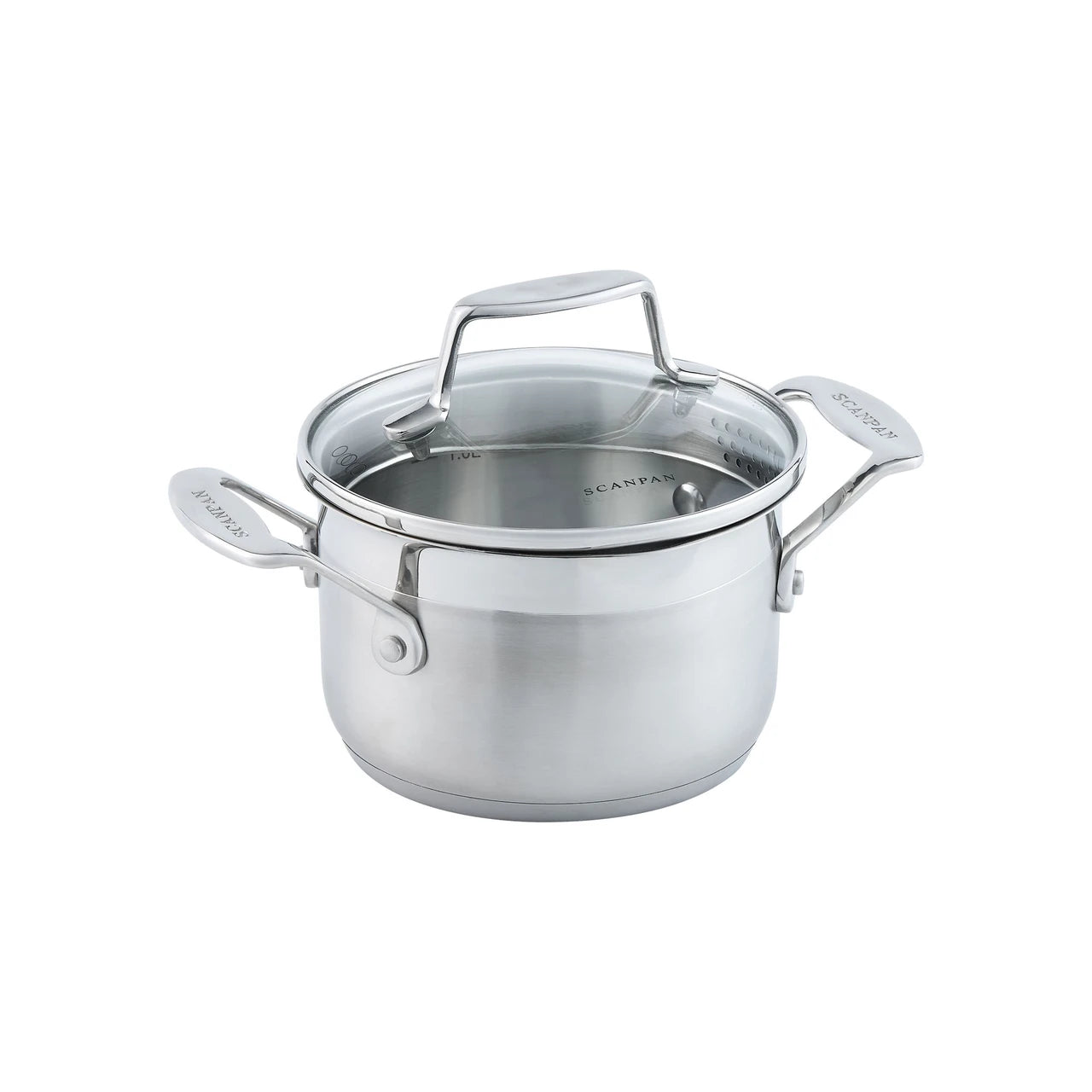 Stainless steel Scanpan pot with glass lid on a white background