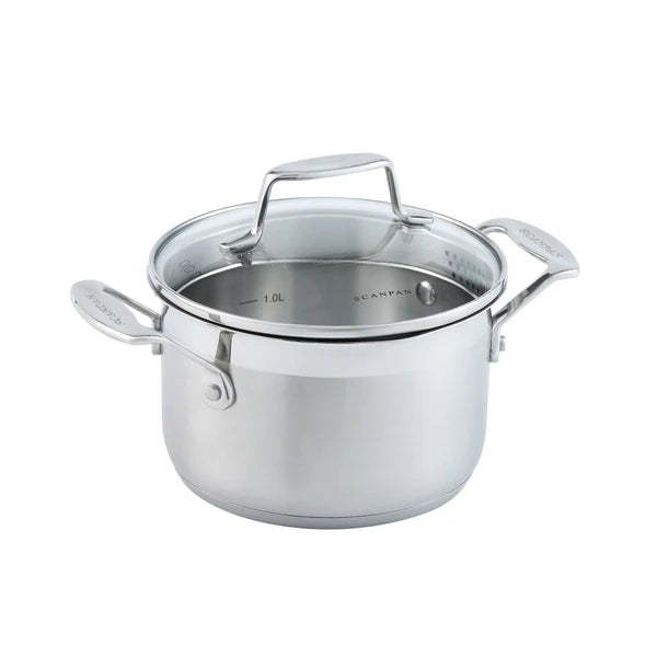 Stainless steel pot with lid on a white background