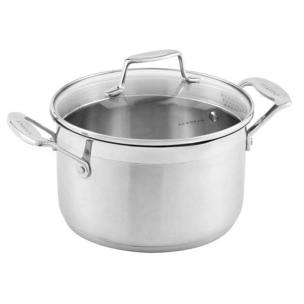 Stainless steel pot with lid on a white background