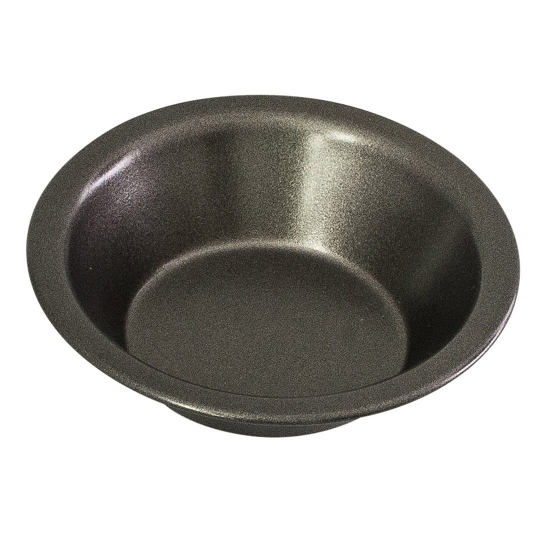 Black round baking dish on a white background
