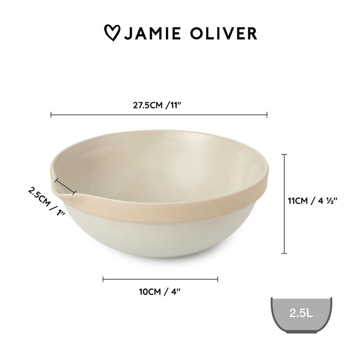 Beige bowl with dimensions and Jamie Oliver branding on a white background