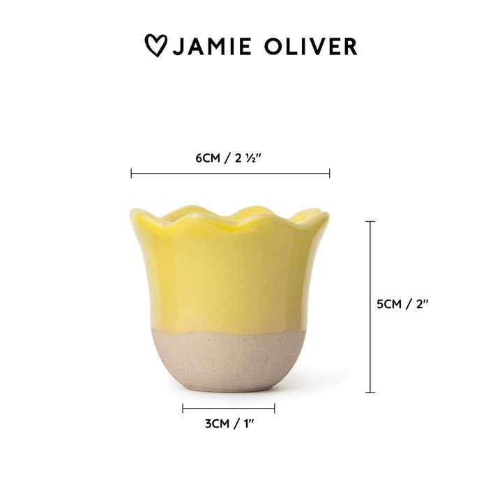 Yellow and beige ceramic cup with dimensions and &