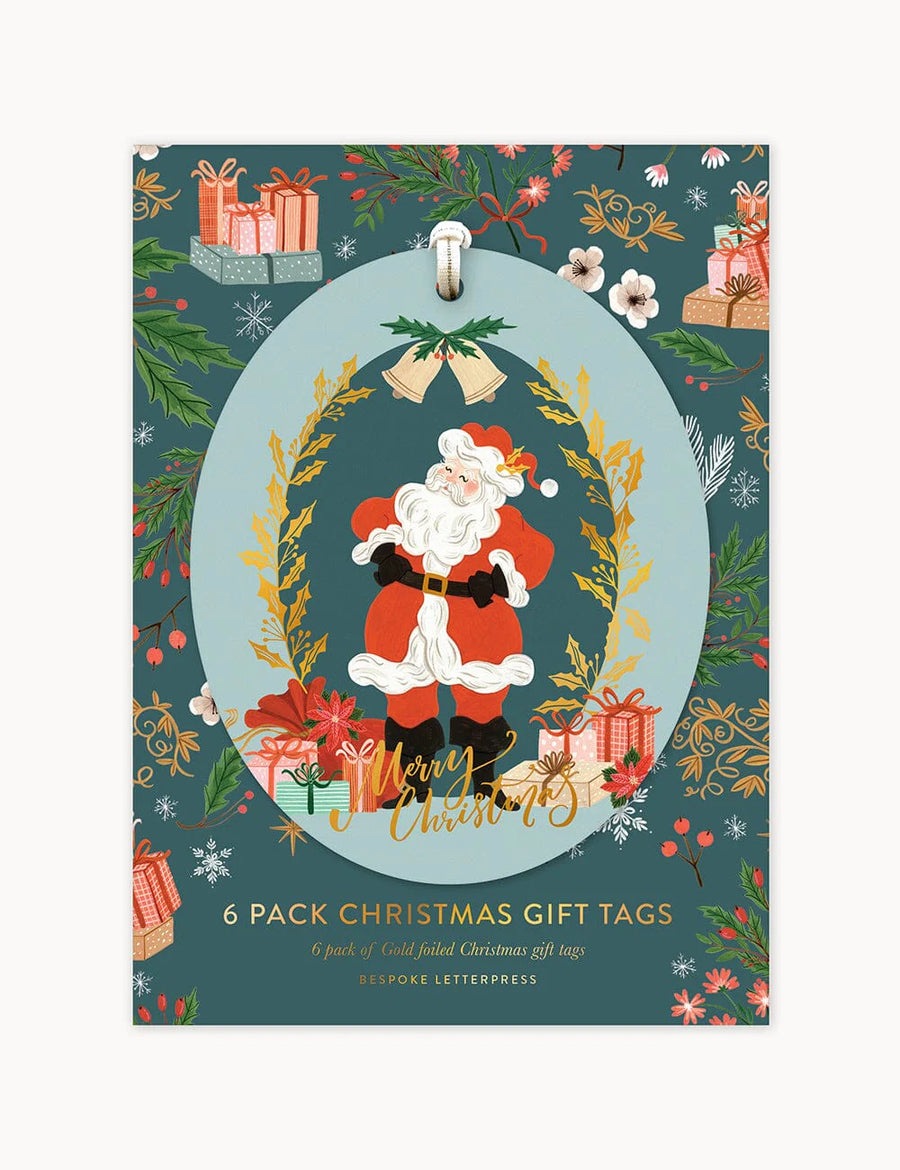 Pack of Christmas gift tags with Santa Claus design on a decorative background