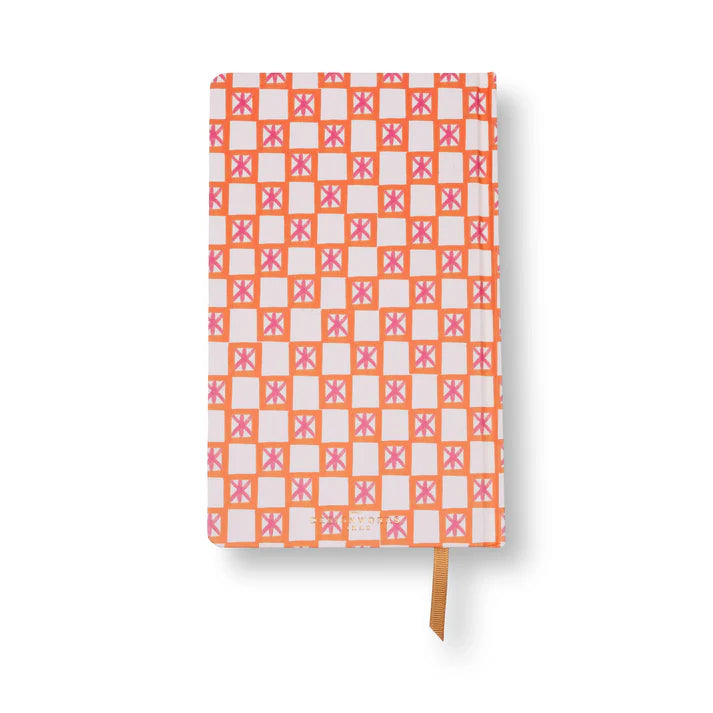 Back cover a of a Designworks planner with orange & pink pattern
