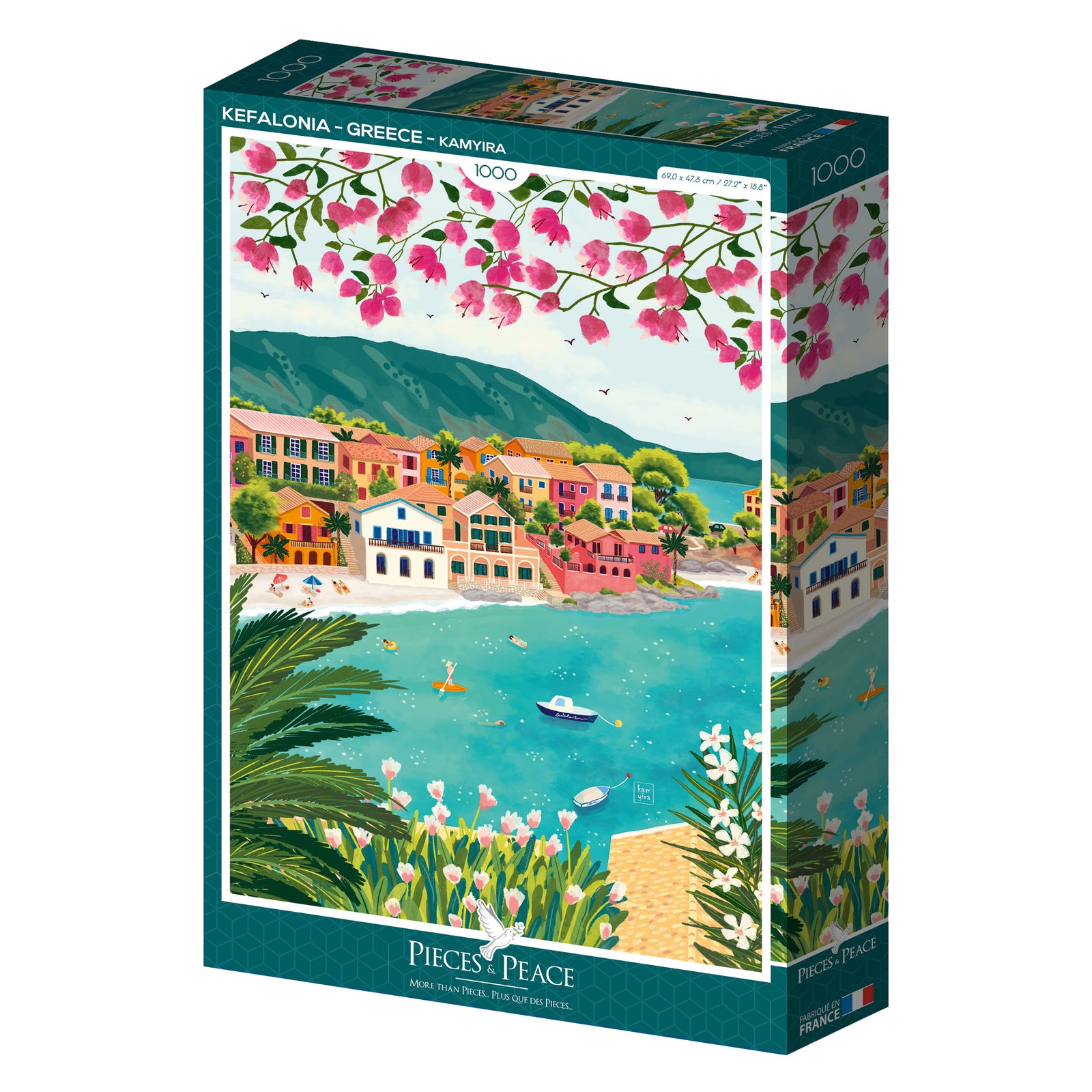 Jigsaw puzzle box with a scenic illustration of a coastal village and flowers on the cover.