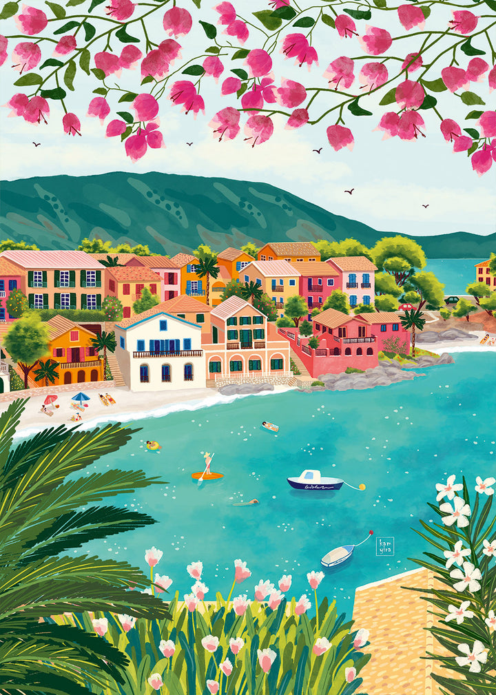 Illustration of a coastal town with colorful houses, a blue sea, and pink flowers.