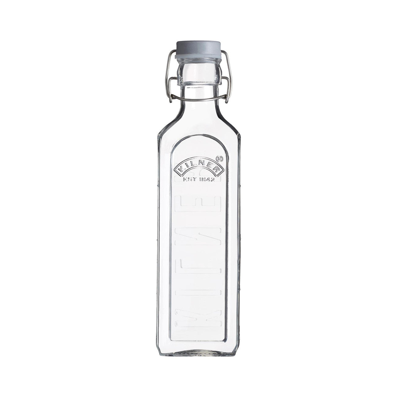 Clear glass bottle with a gray cap on a white background