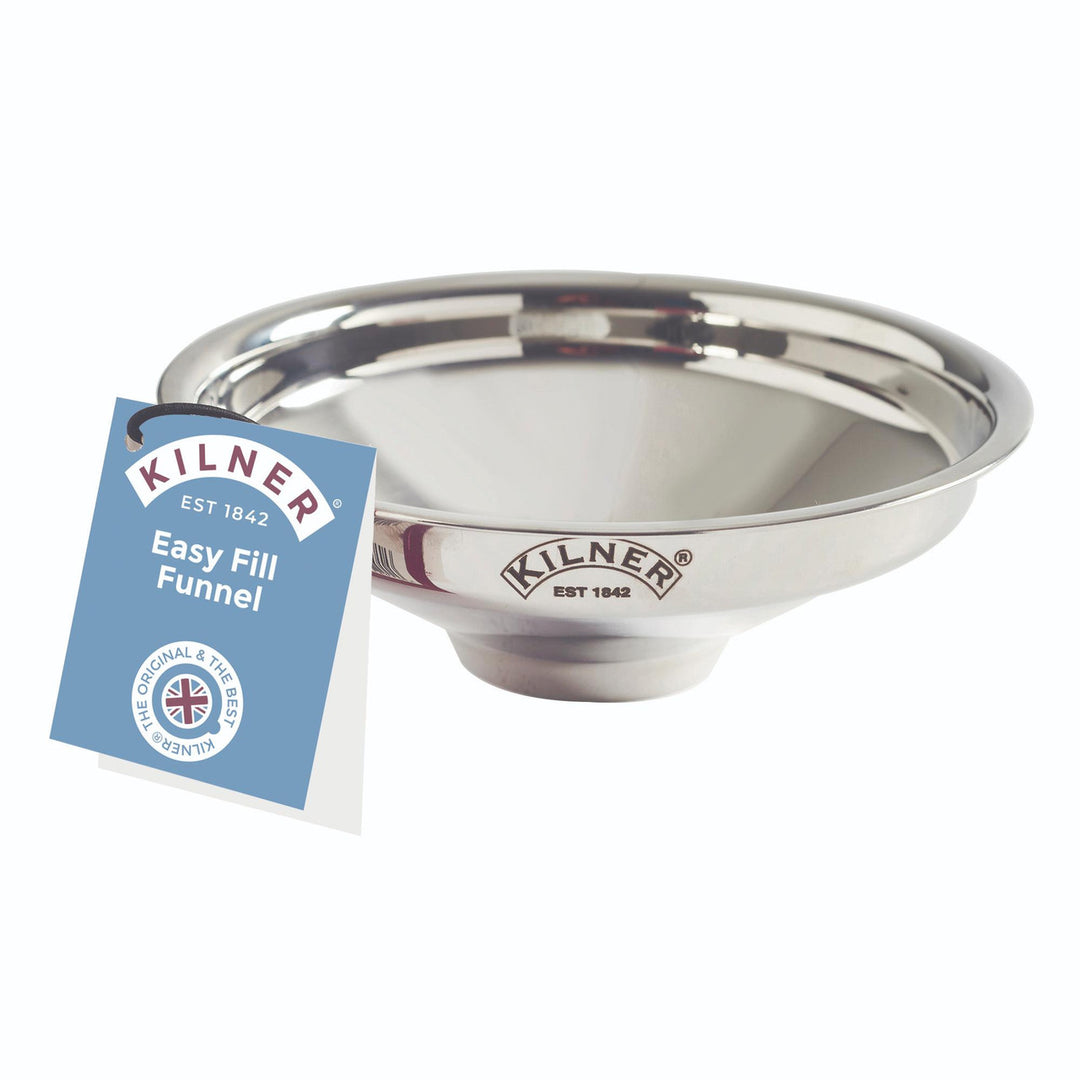 Stainless steel funnel with Kilner branding on a white background