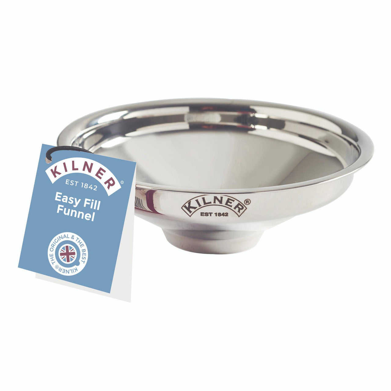 Stainless steel funnel with Kilner branding on a white background