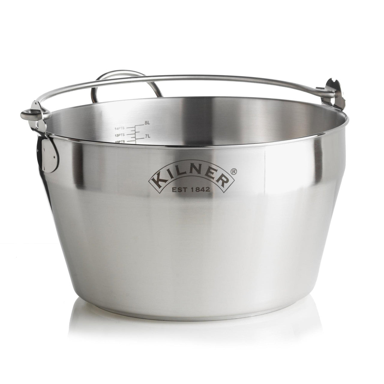 Stainless steel pot with handles on a white background, featuring the Kilner brand.