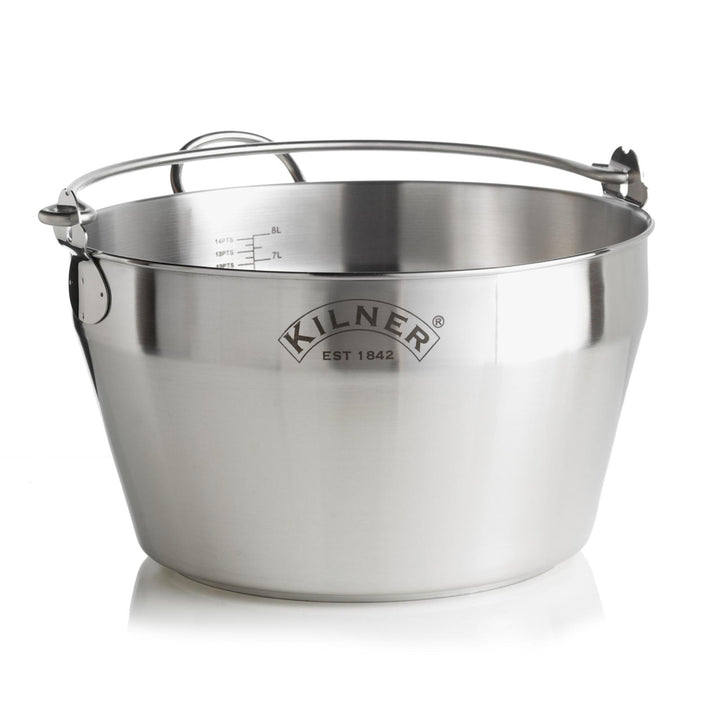 Stainless steel pot with handles on a white background, featuring the Kilner brand.