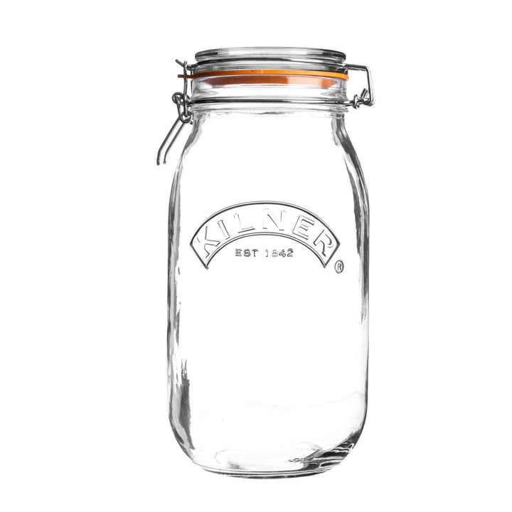 Clear glass jar with a metal clasp on a white background, featuring the Kilner brand.