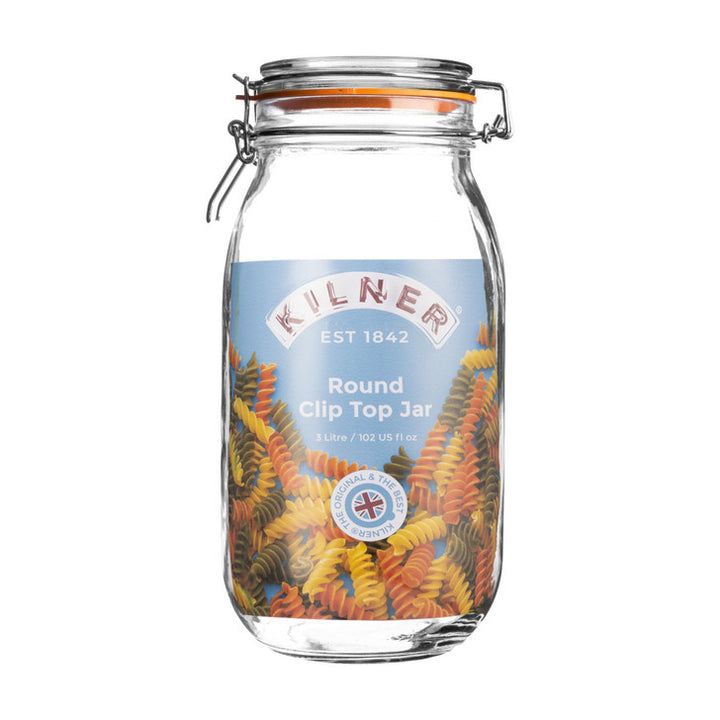 Kilner round clip top jar with a label on a white background